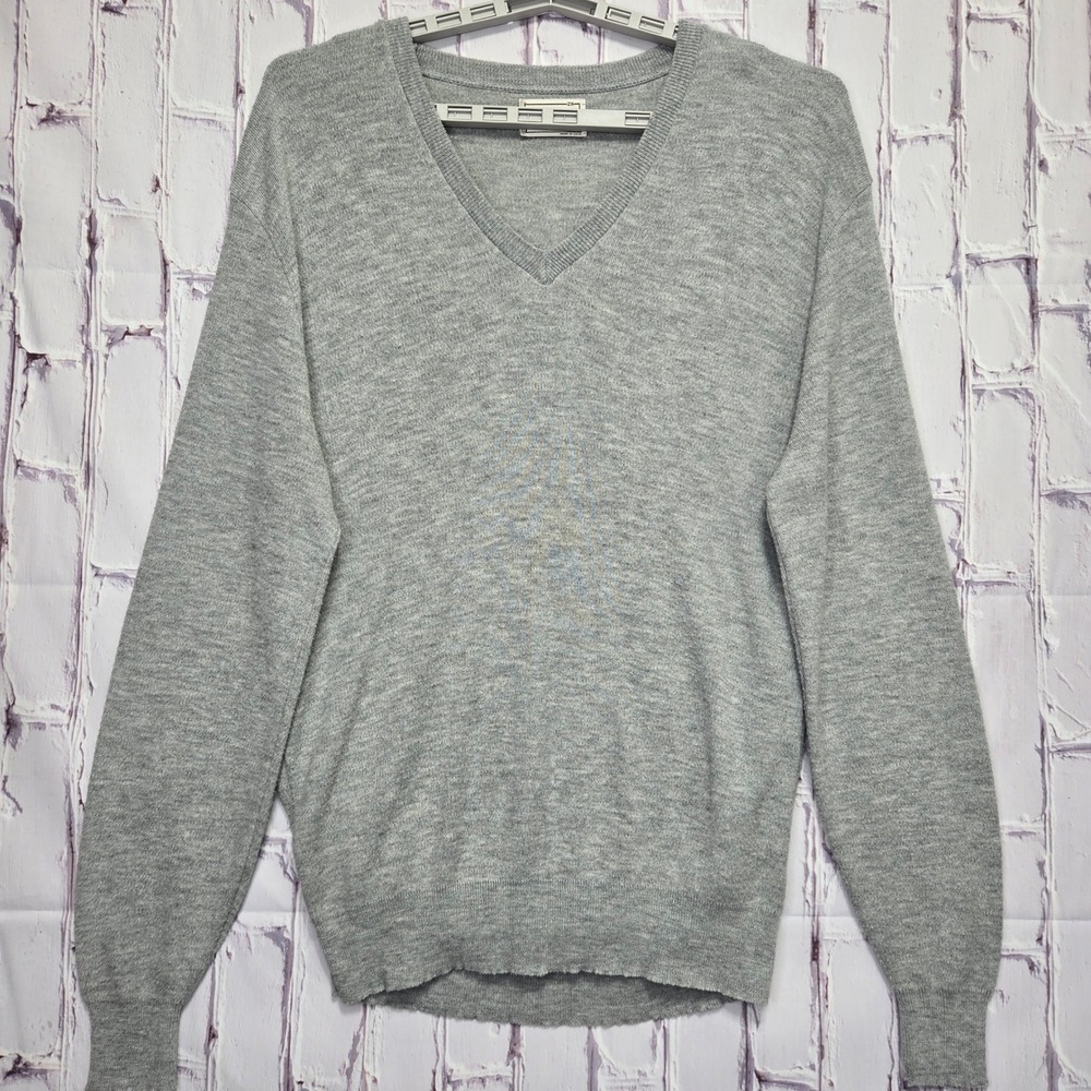 Vintage Campus Mens 2X Gray V-Neck Sweater Orlon Acrylic‎ Made USA Knit Pullover